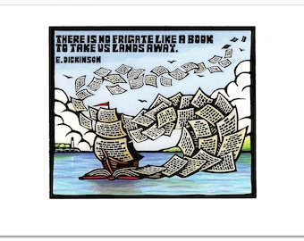 12 Greeting Cards from a Linocut Depicting a Quote by Emily Dickinson about Books