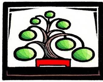 Original Linocut (9921) of a Topiary Bonsai Tree