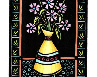 NEW 6 Greeting Cards of Purple Flowers in a Yellow Vase