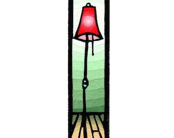 Original Linocut (2406) Small Print of a Floor Lamp with a Red Shade