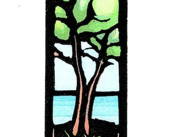 NEW Linocut (2620) Small Original Print of Two Trees at Waters Edge, 1x3 inches.
