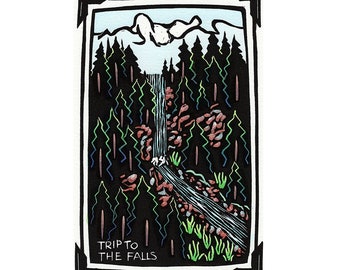Original Linocut (2118) of a Picture of a Waterfall by Ken Swanson