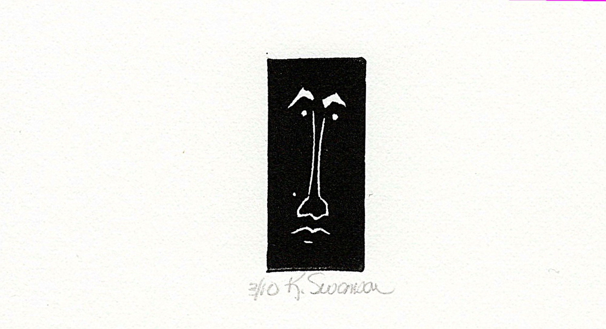 Original Linocut (2215) of a Long Tiny Face by Ken Swanson