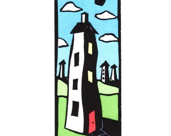 Original Linocut (1901) of a Tall House with a Red Door by Ken Swanson