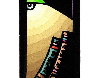 Original Linocut (2425) Small Print of Two Books Under a Green Lamp