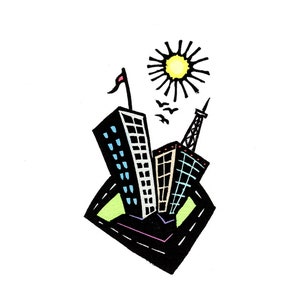 Original Linocut (2317) Small Design of Stylized Buildings and Sun
