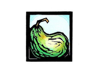 Original Linocut (2529) of a Stylized Green Pear