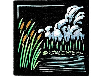 NEW Linocut (2618) of Cattails, Trees, and Clouds