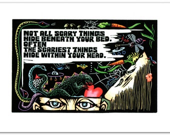 6 Greeting Cards with image called "Scary Things" from a Linocut by Ken Swanson (#1128)