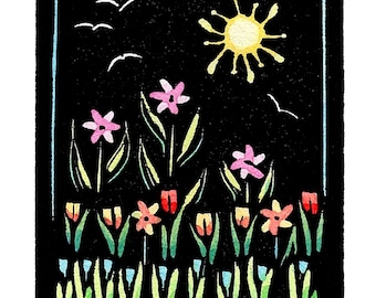 NtEW Linocut (2033) Small Original Print of a Garden Scene with Several Colorful Flowers.