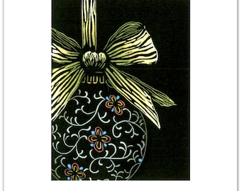 6 Christmas Cards of a Christmas Tree Ornament from My Original Linocut (#9007)