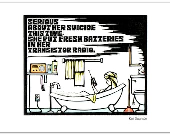 6 Greeting Cards from a Linocut Depicting a Woman in a Bathtub with a Transistor Radio