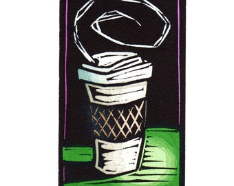 Original Linocut (1729) of Coffee Cup By Ken Swanson