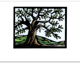 NEW Greeting Card (1) of a Tree from an Original Hand Painted Linocut (2011)