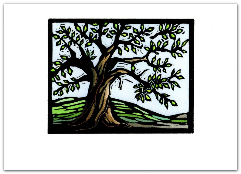 NEW Greeting Card 1 of a Tree from an Original Hand Painted Linocut 2011 image 1
