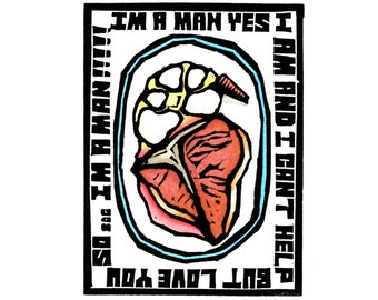Original Linocut (0902) of a Steak Dinner by Ken Swanson