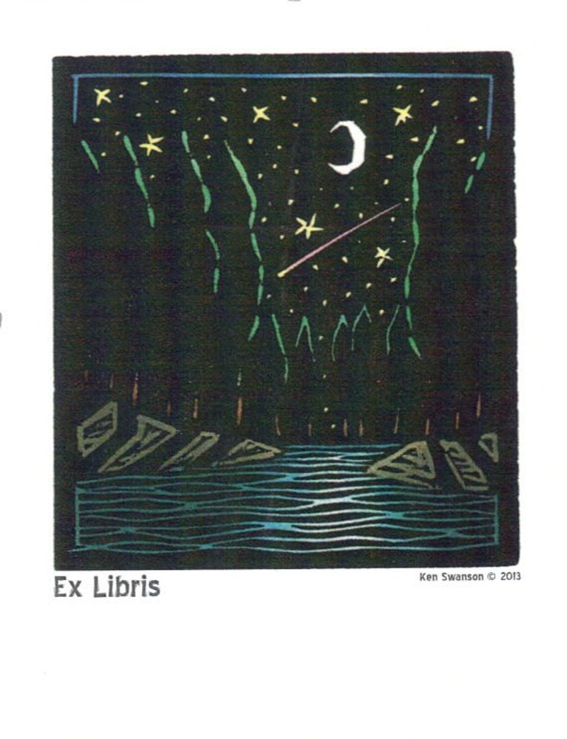 10 Bookplates From a Linoleum Block Print by Ken Swanson