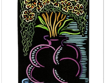 6 Greeting Cards of a Purple Vase with Yellow Flowers (2426)