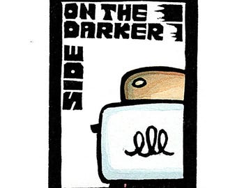 NEW Linocut (2621) Small Original Print of a Toaster and Toast Titled "On the Darker Side."
