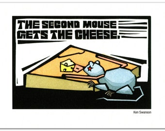 Greeting Card (1) about a Life Lesson Mice Can Teach Us from a Linocut by Ken Swanson (#1327)