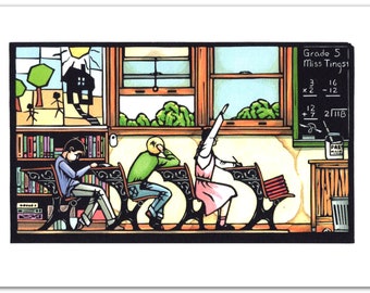 1 Greeting Card from a Linocut Depicting Children in a Classroom titled "My First Year in Fifth Grade"