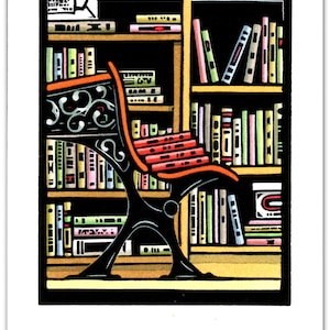 Greeting Card (1) of an Old School Desk and Book Shelves from a Linocut by Ken Swanson (#0845)