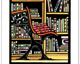 Greeting Card (1) of an Old School Desk and Book Shelves from a Linocut by Ken Swanson (#0845)