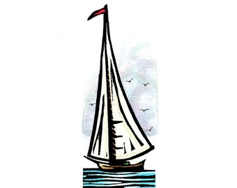 NEW Original Linocut (2308) of a Tall Sailboat