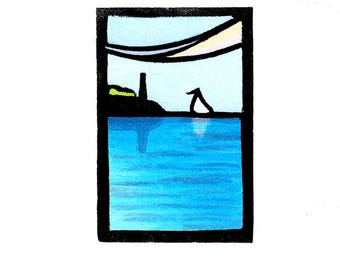 NEW Linocut (2539) Small Print of a Sailboat at Sea near a Lighthouse