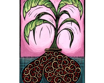 Original Linocut (9341) of a Potted Plant by Ken Swanson