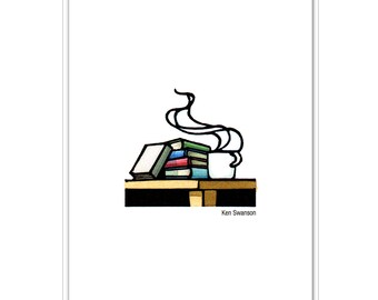 12 Greeting Cards from a Linocut Depicting Books and Hot Drink