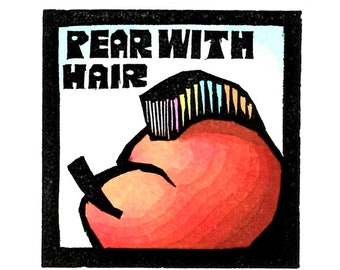 Original Linocut (1335) of a Pear with Hair By ken Swanson