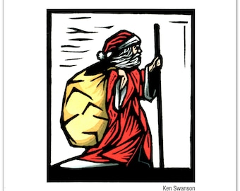 Greeting Cards (1) of Santa Delivering Gifts from a Linocut by Ken Swanson (#9753)