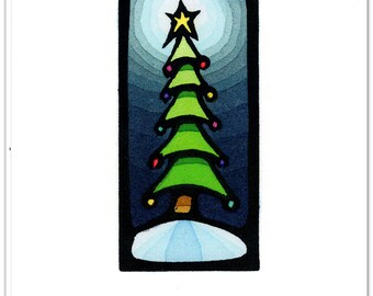 6 NEW Christmas Cards from a Linocut depicting a Christmas Tree
