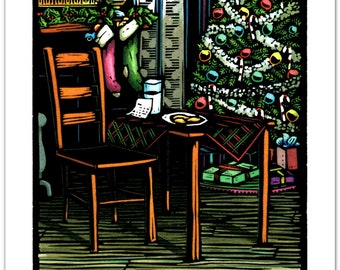 Greeting Card (1) of a Christmas Eve Scene titled "The Calm Before" from a Linocut by Ken Swanson (#0466)