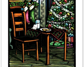 Christmas Card (1) of a Christmas Eve Scene titled "The Calm Before" from my Original Linocut (#0466)