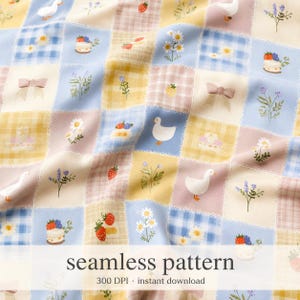 May include: A seamless pattern featuring a patchwork design with squares in pastel colors. Each square contains illustrations of strawberries, daisies, cakes, bows, lavender, and geese. The text "seamless pattern" is at the bottom.