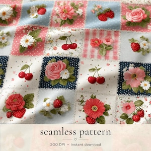 Könnte beinhalten: Ein nahtloses Muster mit einem Patchwork-Design, das Blumen- und Fruchtmotive zeigt. Die Quadrate zeigen Rosen, Gänseblümchen, Kirschen und Erdbeeren in Rosa-, Rot- und Blautönen. Der Text "seamless pattern" befindet sich unten.