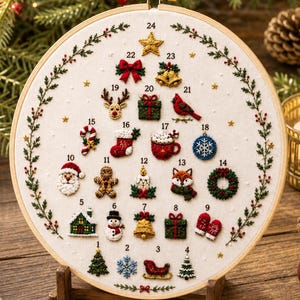 May include: A circular embroidery hoop featuring a white fabric advent calendar with twenty-four numbered Christmas-themed motifs arranged in a tree shape, including a star, reindeer, gifts, Santa, a snowman, and a wreath, framed by a green vine border.