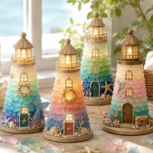 Puede incluir: Cuatro figuras decorativas de faros con linternas iluminadas, cada una con un degradado de color único de escamas translúcidas, puertas en miniatura, ventanas y detalles costeros como estrellas de mar, conchas y una cola de sirena.