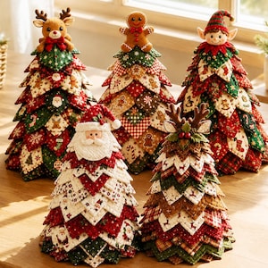 May include: Five quilted tabletop Christmas trees featuring fabric layers in red, green, and white with holiday patterns. The trees are topped with plush figures including a reindeer, a gingerbread man, an elf, Santa Claus, and a deer head.