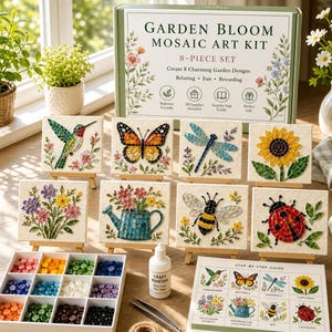 May include: A Garden Bloom Mosaic Art Kit 8-piece set featuring a box with floral illustrations, eight small canvases on wooden easels displaying mosaic designs of a hummingbird, butterfly, dragonfly, sunflower, flowers, watering can, bee, and ladybug.