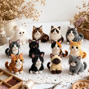 3D Beaded Cat DIY Kit, 4-Piece Handmade Kitten Craft Set for Cat Lovers Desk Decor Gift,Beaded Animals DIY Kit, Patterns Included