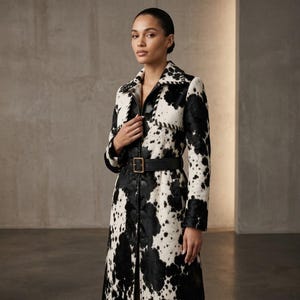 May include: A long coat featuring a black and white cow print pattern, a structured collar, and a black leather belt with a gold-toned buckle at the waist. The coat has a central vertical panel with black leather detailing and visible stitching.