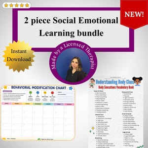 May include: A 2-piece social emotional learning bundle featuring a behavioral modification chart with a weekly grid and a body sensations vocabulary bank titled Understanding Body Clues, both designed for tracking and identifying physical feelings.