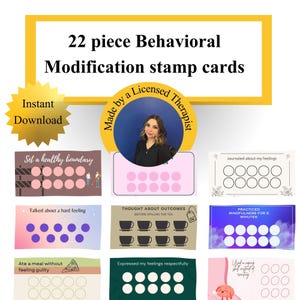 May include: A set of 22 behavioral modification stamp cards featuring various designs with circles for tracking progress. The cards include text such as Set a healthy boundary, Journaled about my feelings, and Practiced mindfulness for 5 minutes.