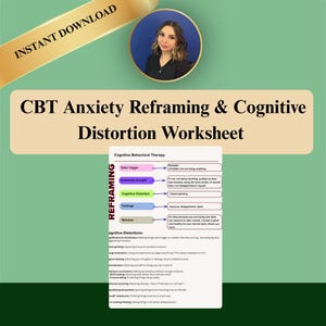 May include: A digital worksheet titled "CBT Anxiety Reframing & Cognitive Distortion Worksheet" with a photo of a woman in a circle. The worksheet includes sections on date trigger, automatic thought, cognitive distortion, and feelings.