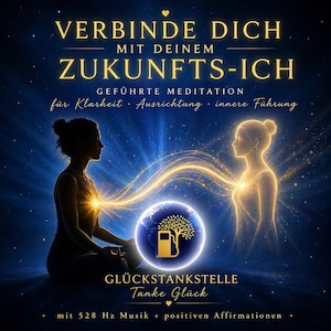 May include: A digital art image with the text "VERBINDE DICH MIT DEINEM ZUKUNFTS-ICH" in gold lettering. The image features two silhouetted figures, one meditating and the other glowing. A globe with a gas pump icon is in the center.