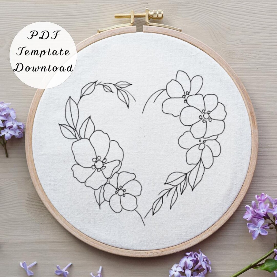 Floral Heart Wreath Hand Embroidery Pattern Template, Flower Heart ...