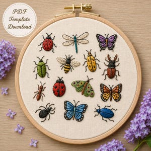 May include: A round wooden embroidery hoop containing a cream-colored fabric panel with hand-stitched insect designs including a red ladybug, a blue dragonfly, a purple butterfly, a green beetle, a bee, a stag beetle, an ant, and a moth.